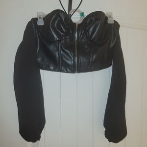 Faux Leather Crop Top Sheer Sleeves
